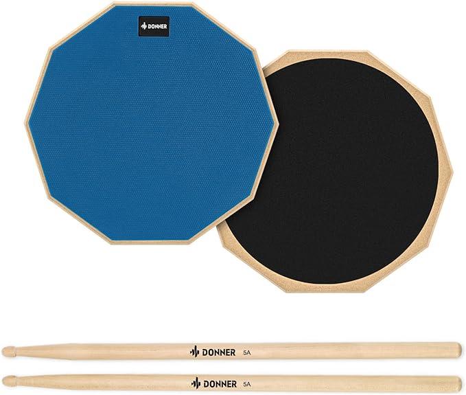 Donner Drum Practice Pad 8 Inches, Silent Practice Drum Pad 2-Sided With Drum Sticks - Gray Blue