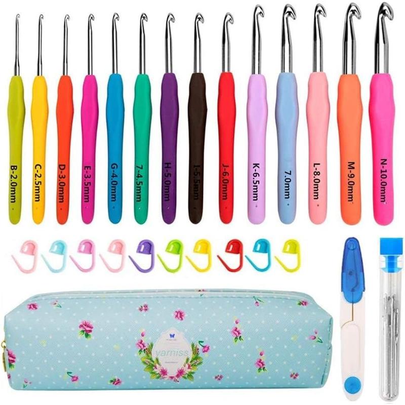 HZB Yarniss 14 Size Crochet Hooks Set,2mm(B)-10mm(N) Ergonomic Crochet Hooks with Case for Arthritic Hands, Extra Long Crochet Needles