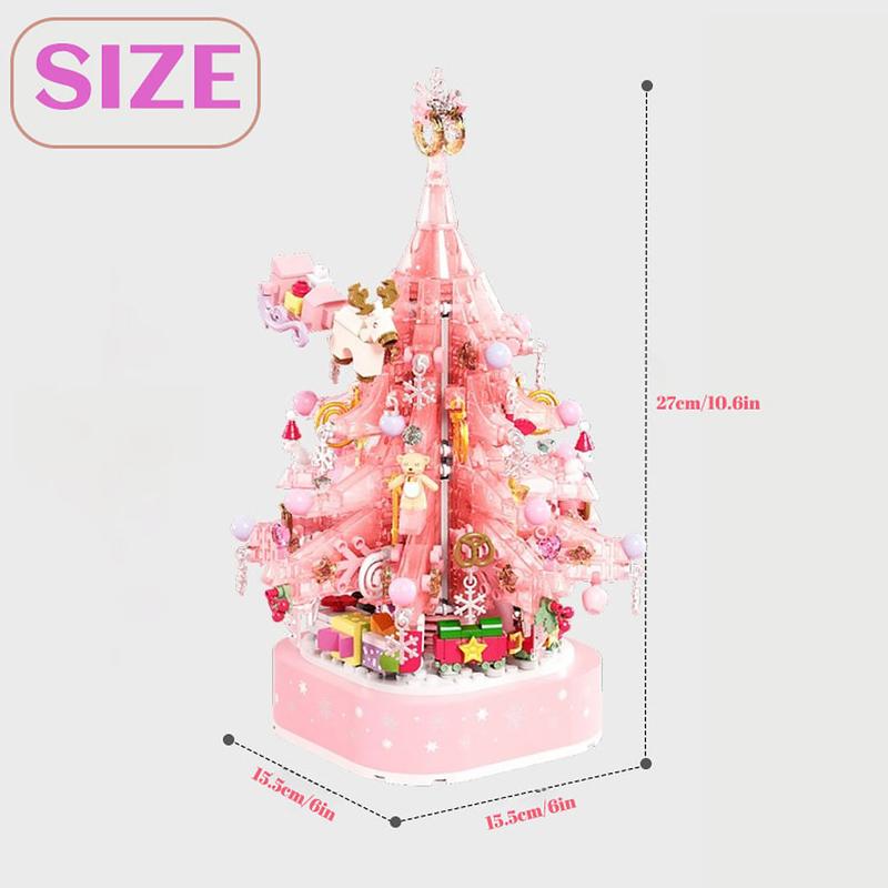 Christmas Tree Building Blocks, Christmas Music Box with LED Light Rotating Christmas Bricks Toy for Boys Girls, Pink Christmas Tree