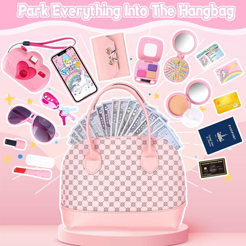 35PCS Play Purse for Little Girls, Kids Purse with Pretend Makeup for Kids, Princess Toys Includes Handbag, Phone, Wallet, Camera, Keys, Kids Purse Birthday Gift for Girls