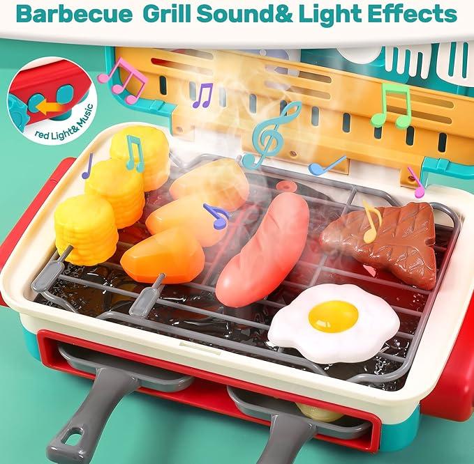 Kids Toys Kitchen Playset, Kids BBQ Grill Playset with Smoke, Sound & Light, Toy Grill for Kids, Pretend Play Food Hamburger, Interactive Toys Barbecue Cooking Game for Toddlers Boys Girls 3-5