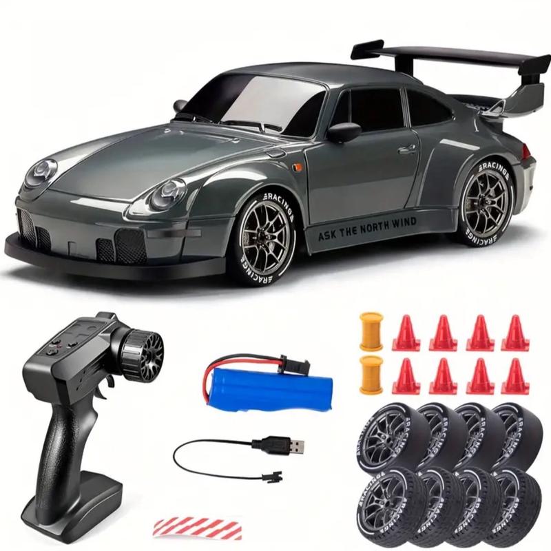 Rc Drift Car 1:24 Scale 4WD Remote Control Car 2.4 GHZ 20km h High Speed Racing Car With Drift Tires, Roadblocks And LED Headlights Dual Batteries Best Christmas, Halloween, Thanksgiving Gift