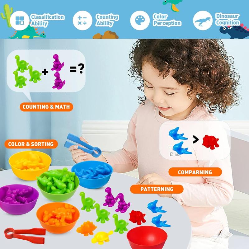 Counting Dinosaurs Color Sorting Toys with Rainbow Bowls for Kids Sensory Training & Counting Activity Montessori Education Learning Activities Easter Gift for 3-5 Years Old Boys Girls