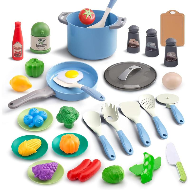 35 Pieces Kids Kitchen Toy Accessories, Kids Pretend Cooking Play Set with Toy Pots and Pans, Tableware Cookware Toys, Toy Food Set, Toy Vegetables, Learning Gift for Boys and Girls