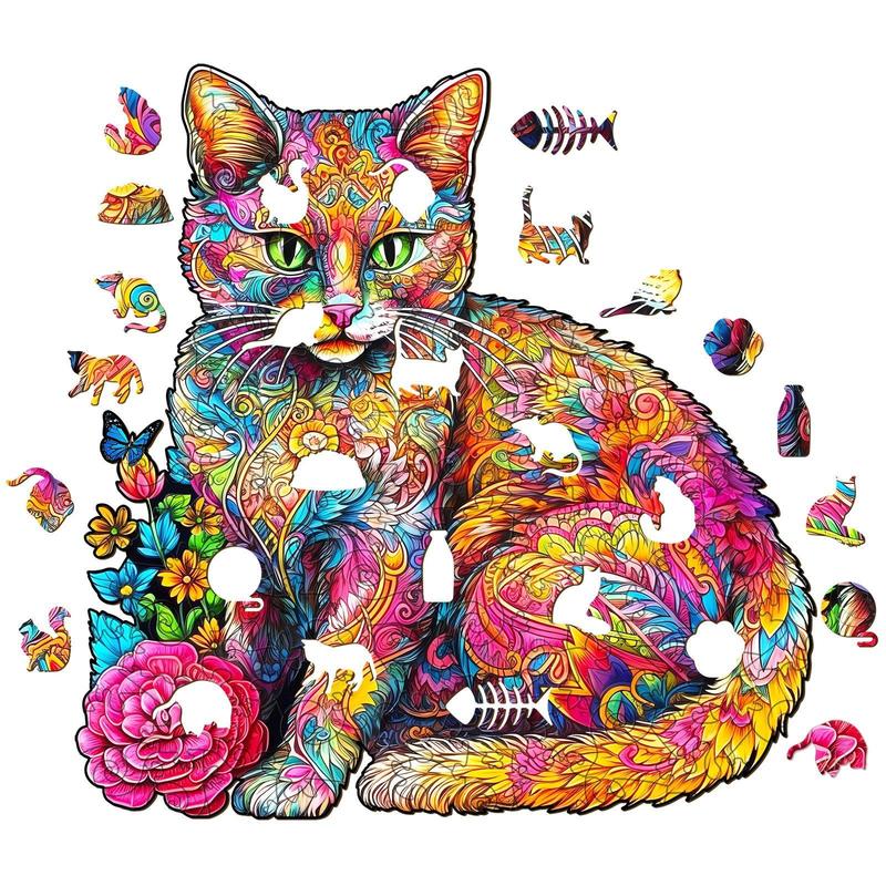 Naughty Cat Wooden Jigsaw Puzzle - Educational Toy for Kids and Adults