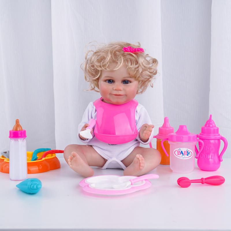 BABESIDE 40Pcs Baby Doll Accessories Set, Baby Doll Feeding and Care Set, Doll Playset with Package for Newborn Girl Including Dinner Plates, Cutlery, Dressing Utensils