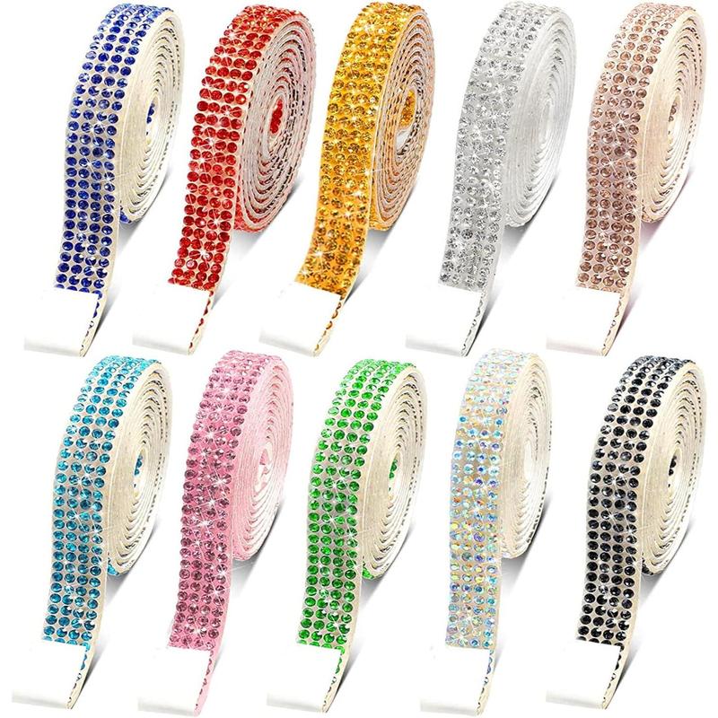 10 Rolls Self Adhesive Rhinestone Ribbon Crystal Diamond Sticker Bling Ribbon DIY Decoration with 2 mm Rhinestones for DIY Arts Crafts,Wedding Party Decor,Car Phone Decoration.(Each Roll 1 Yard)