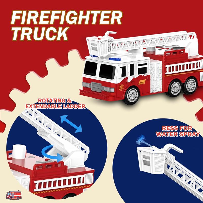 4 Packs Fire Truck Toy, Ambulance, Police Car, and Helicopter, Emergency Vehicle Truck Toy Set with Lights and Sounds, Friction Powered Car Toy