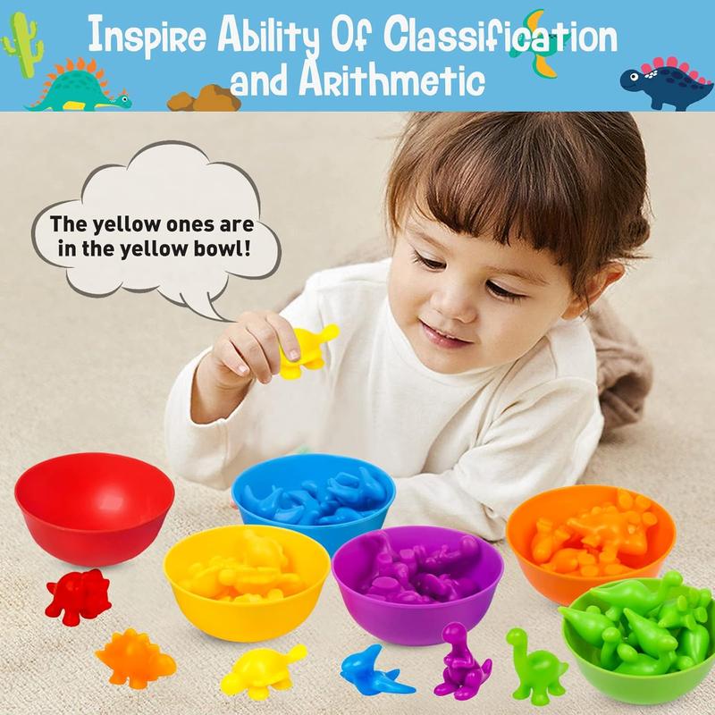 Counting Dinosaurs Color Sorting Toys with Rainbow Bowls for Kids Sensory Training & Counting Activity Montessori Education Learning Activities Easter Gift for 3-5 Years Old Boys Girls