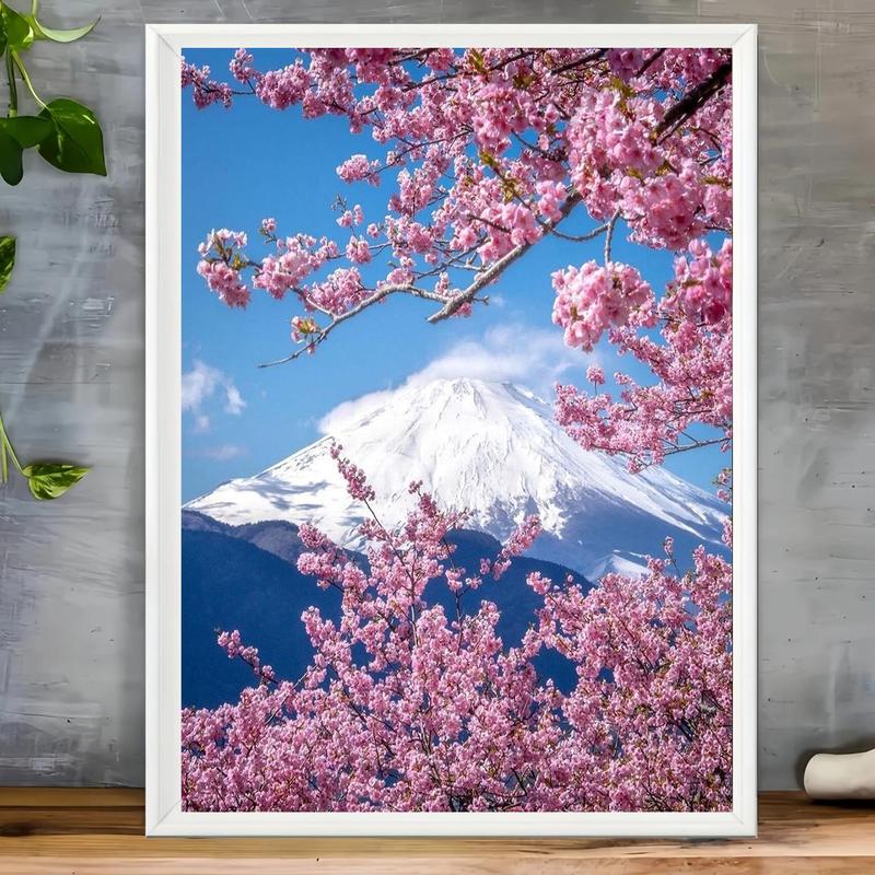 Cherry Blossom & Mountain Pattern DIY Diamond Arts Colorful Painting Kit without Frame, DIY 5D Diamond Arts Colorful Painting Kit for Adults & Teenager, DIY Decor Painting for Home Bedroom Living Room