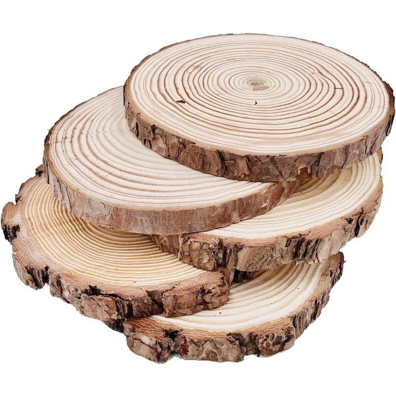 HZBNatural Round Discs Rustic Wood Slices 5 Pcs 7-8 inch Unfinished Wood kit Circles Crafts Tree Slices with Bark Log Discs for DIY Arts and Wedding Christmas Ornaments