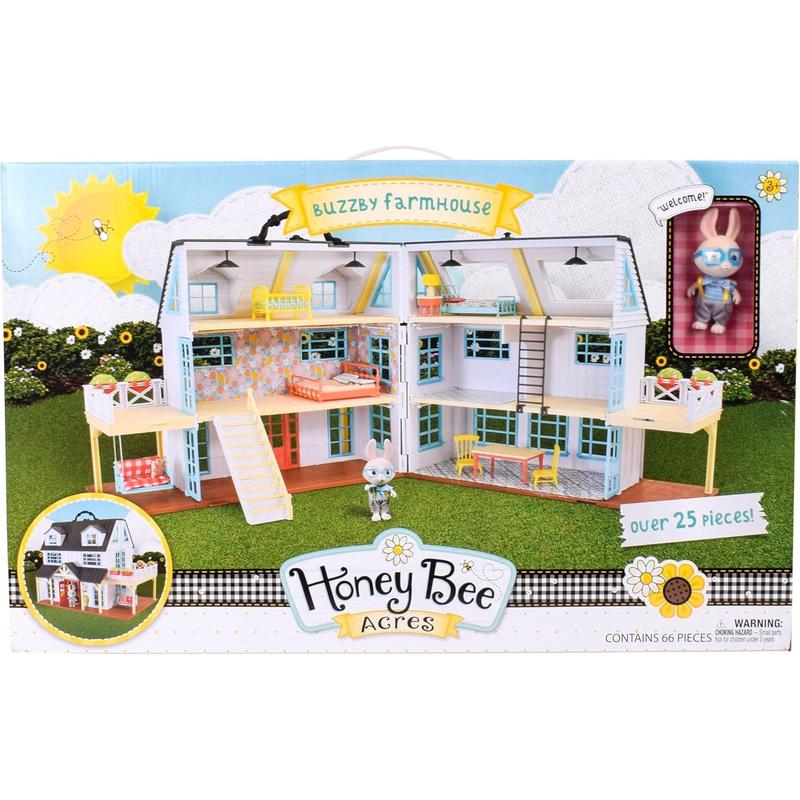 Honey Bee Acres Buzzby Farmhouse, Dollhouse Playset with Miniature Doll Figure, Furniture and Accessories. 25 Pieces, Ages 3+