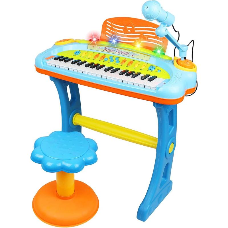 Kids Piano Keyboard with Microphone and Stool  37 Key Electronic Musical Toy with Colorful Lights for Toddlers Ages 3 and Up