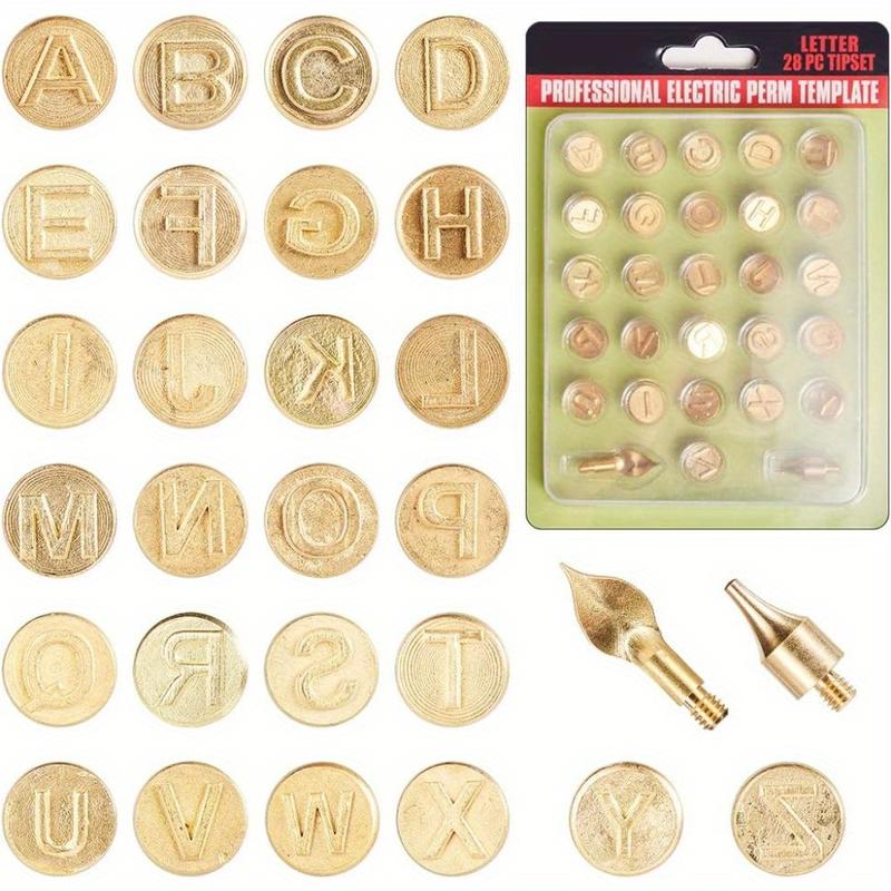 1 Set 28 pcs Uppercase Alphabet Branding Carving Iron Tips for Engraving Moulds Embossing Tools Carving Crafts, Matte Golden Color