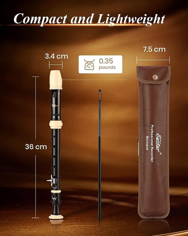 Eastar Soprano Recorder for Beginners Kids, Baroque style C Key Recorder Instrument ABS Classic 3 Piece with Cleaning Kit, Thumb Rest, Leather Bag, Fingering Chart, Brown, ERS-21BB