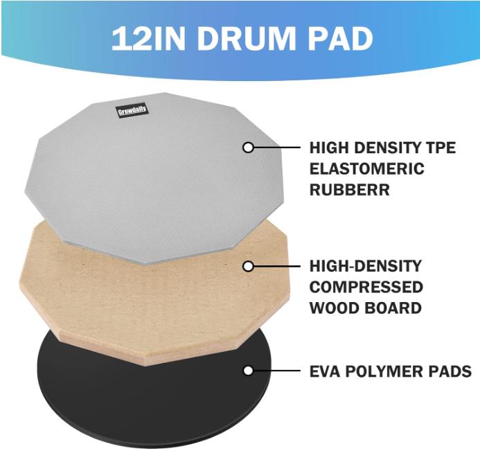 Drum Practice Pad for drumming drum pad and sticks 12 In,Sided With 2 Pairs 4 Maple 5A Drum Sticks & Storage Bag(Gray)