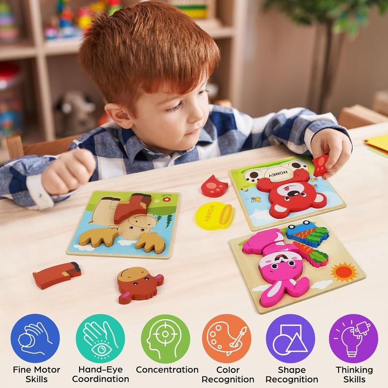 Wooden Puzzles for Toddlers 1-3, 8 Pack Animal Puzzles for Toddlers 2-4, Montessori Toys for 1 2 3 Year Old Boys Girls, Learning Educational Preschool Toys