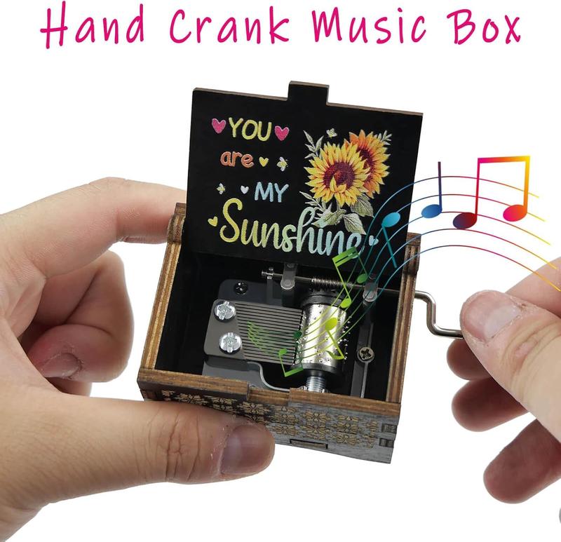 Music Box You are My Sunshine, Wooden Engraved Vintage Hand Crank Colorful Musical Boxes for Women,  Gifts for Christmas Anniversary Wedding Birthday Valentine's Day Mother's Day(Black)