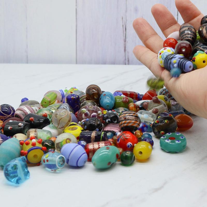 100 Assorted Glass Beads for Jewelry Making Adults, Bulk Glass Beads for Crafts, Lampwork Murano