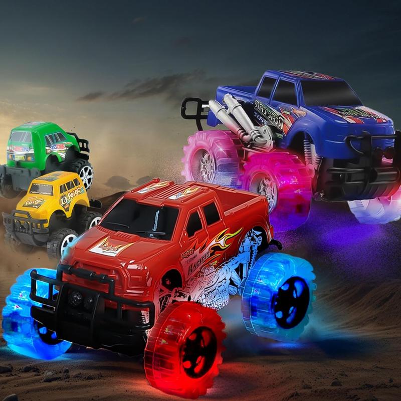 Christmas gift   4 Pack Light Up Monster Truck Car Toy with LED Tires, Best Birthday, for Boys and Girls Ages 3+, Push n Go & Pull n Go Cars, Race Truck Toy