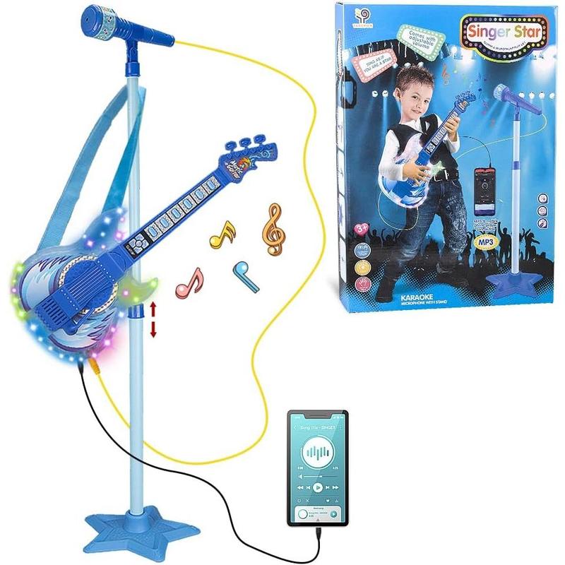 TAKIHON Guitar and Microphone Set for Kids,Guitar Toys with Music&Colorful Light,Adjustable Height Microphone with Stand,Karaoke Toys Gift for Boy,Girls,Toddlers(Red)-Upgraded,Easter Basket Stuffers