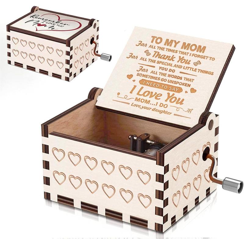 Music Box for mom from Daughter U R My Sunshine Heart Engraved Vintage Wooden Hand Crank Musical Gifts for Mother's Day Birthday Christmas Valentine's Day Thanksgiving