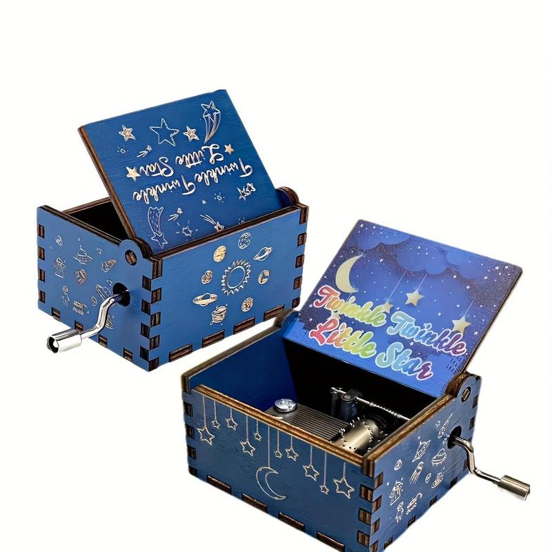 Moon & Star Pattern Wooden Music Box, 1 Count Hand-operated Music Box, Home Decor Ornament for Birthday, Thanksgiving, Wedding, Valentine's Day