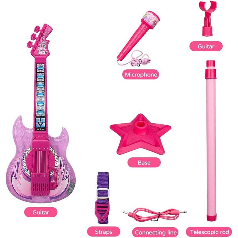 TAKIHON Guitar and Microphone Set for Kids,Guitar Toys with Music&Colorful Light,Adjustable Height Microphone with Stand,Karaoke Toys Gift for Boy,Girls,Toddlers(Red)-Upgraded,Easter Basket Stuffers