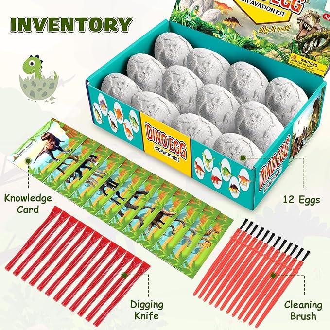 Dino Eggs Dig Kit, 12 Pack Dinosaur Eggs Excavation Set, Easter Gift Dinosaur Toys Science Experiments Kits with 12 Cards, Easter Basket Stuffers Toys for 3 4 5 6 7 8 9 10 11 Year Old Boys Girl