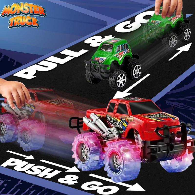 Christmas gift   4 Pack Light Up Monster Truck Car Toy with LED Tires, Best Birthday, for Boys and Girls Ages 3+, Push n Go & Pull n Go Cars, Race Truck Toy