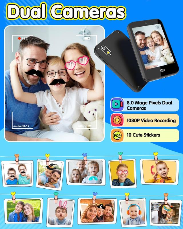 Kids Smart Phone Christmas Birthday Gifts for Boys Age 3-7 Kids Phone with Dual Camera Music Flashlight Alarm Pedometer Stories Sight Words Learning Toy for 3 4 5 6 Year Old Girl with 8G SD Card Black