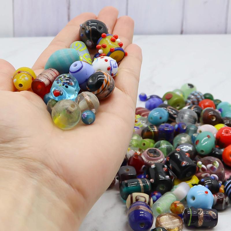 100 Assorted Glass Beads for Jewelry Making Adults, Bulk Glass Beads for Crafts, Lampwork Murano