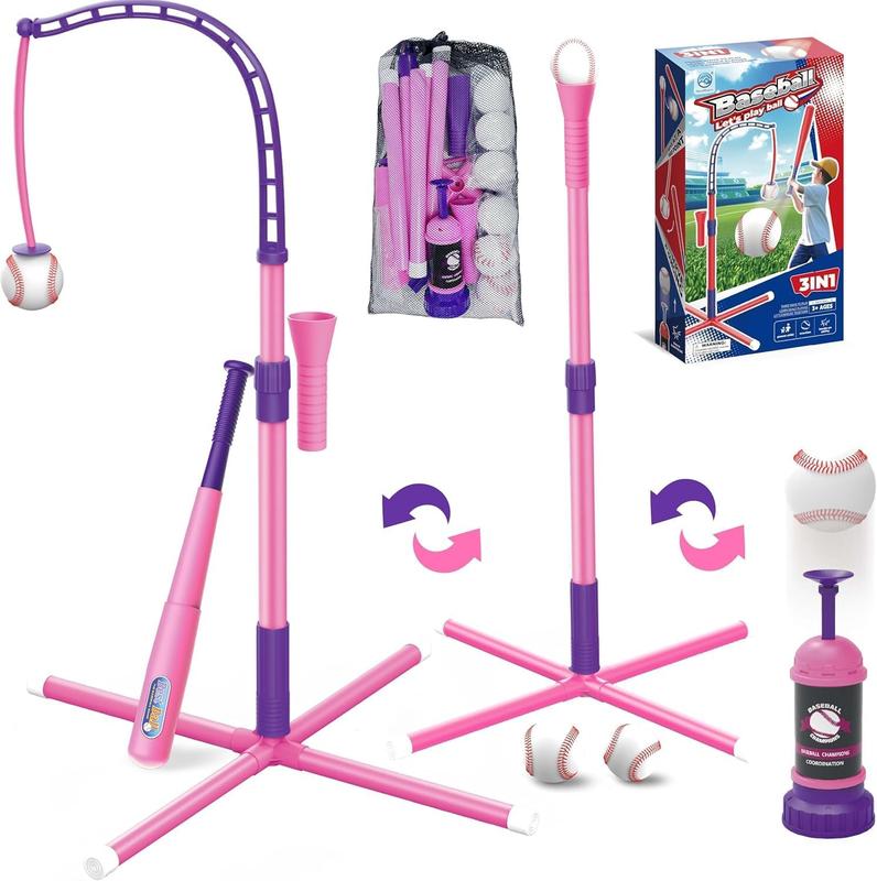 3-in-1 Baseball Set for Kids 3-13: Hanging Tee + Fixed Batting Tee Stand + Ball Launcher + 6 Softballs + Baseball Bat for Toddler Boys Girls 3 4 5 Year Old Teeball Hitting Tee Kit Toys