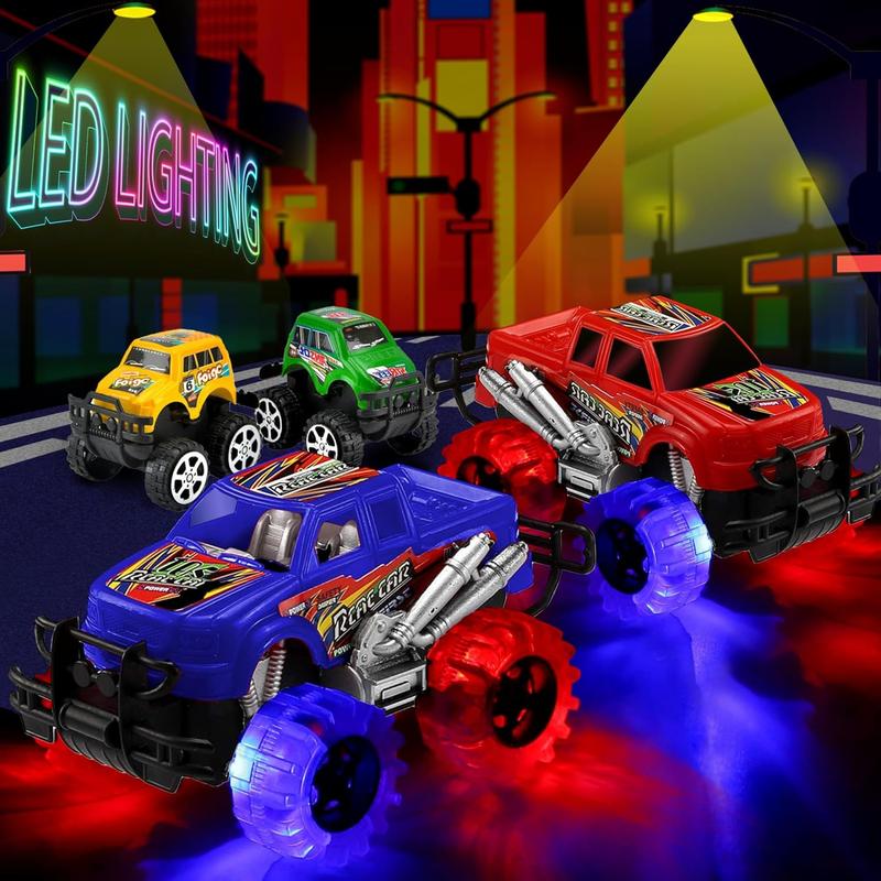 Christmas gift   4 Pack Light Up Monster Truck Car Toy with LED Tires, Best Birthday, for Boys and Girls Ages 3+, Push n Go & Pull n Go Cars, Race Truck Toy