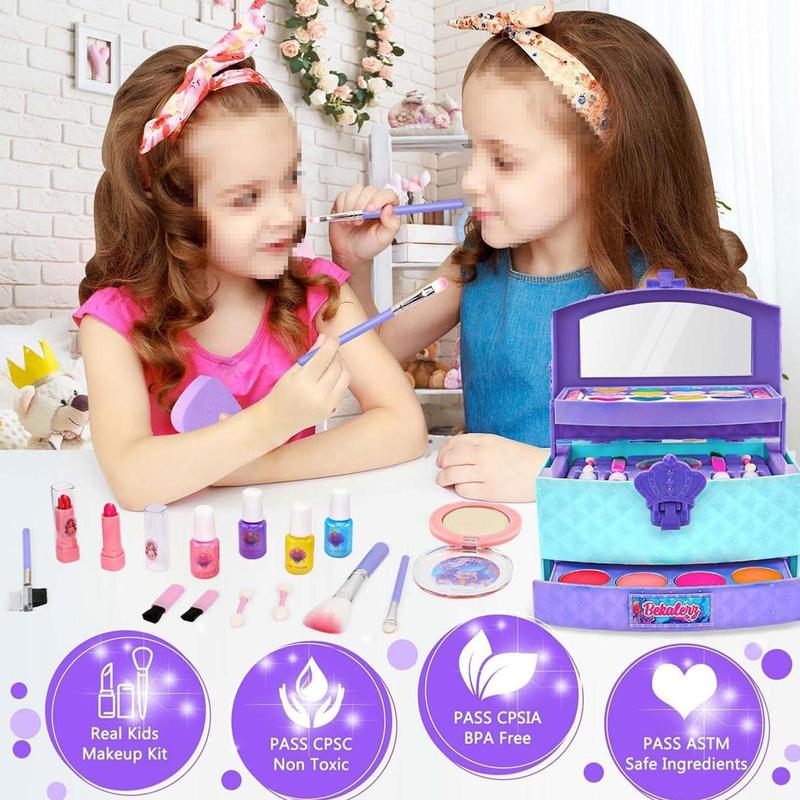 Pretend Play Makeup Kit for 3+ Girls,42 Pcs Washable Real Funny Makeup for Kids Toy,Christmas Birthday Gifts for Girls,Princess-Dresses-Up-for-Girls