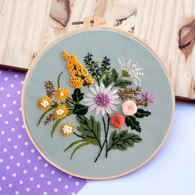 Flower Pattern DIY Embroidery Kit, 1 Set Embroidery with Hoop Suture Practice Kit for Adults, Handmade Unfinished Products Gifts