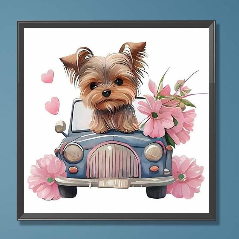 DIY Artificial Rhinestones Arts Painting Kit Without Frame, Cute Car Dog Pattern DIY Painting, Handmade Craft Wall Art Decoration