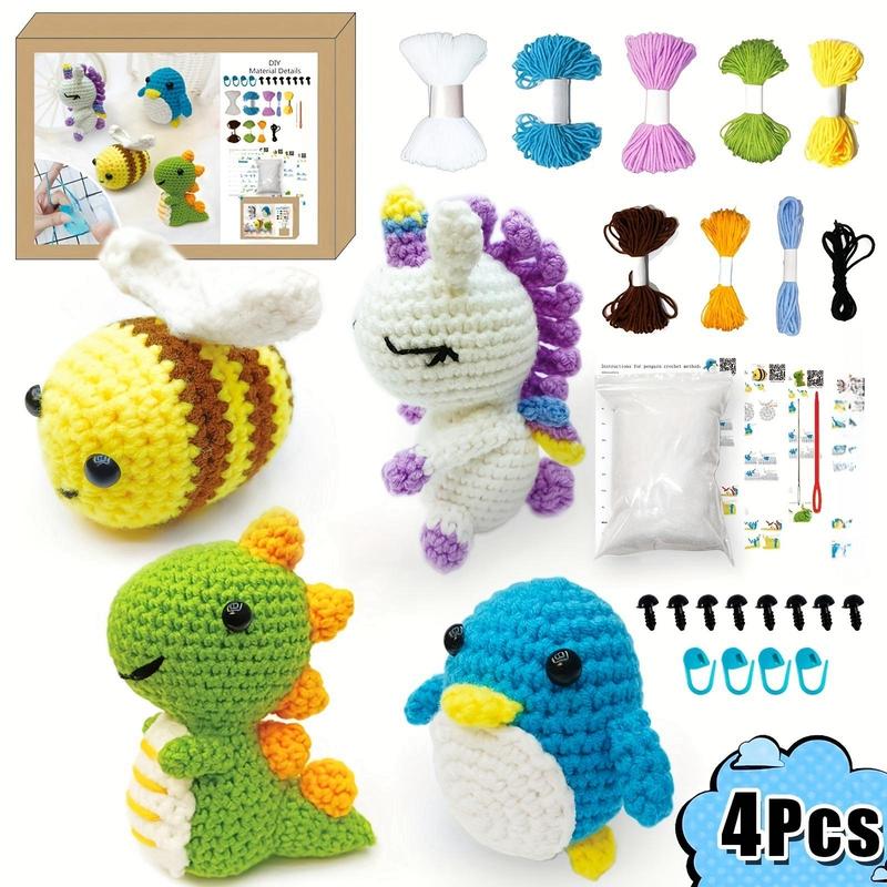 Crochet Animal Kit, 1 Set DIY Crochet Kit with 4 Counts Crochet Animal Set, Knitting Supplies for Beginners, DIY Crochet Kit for Adults & Boys & Girls, Summer Gifts