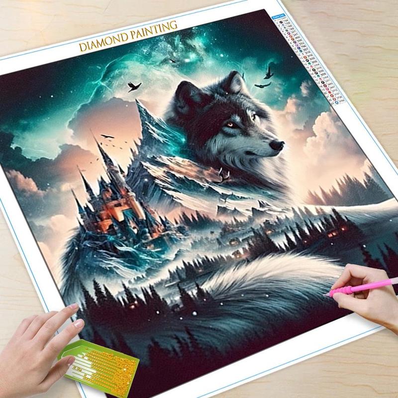 Wolf & Castle Pattern DIY Diamond Arts Colorful Painting Kit without Frame, DIY 5D Diamond Arts Colorful Painting Kit, Wall Art Decor for Home