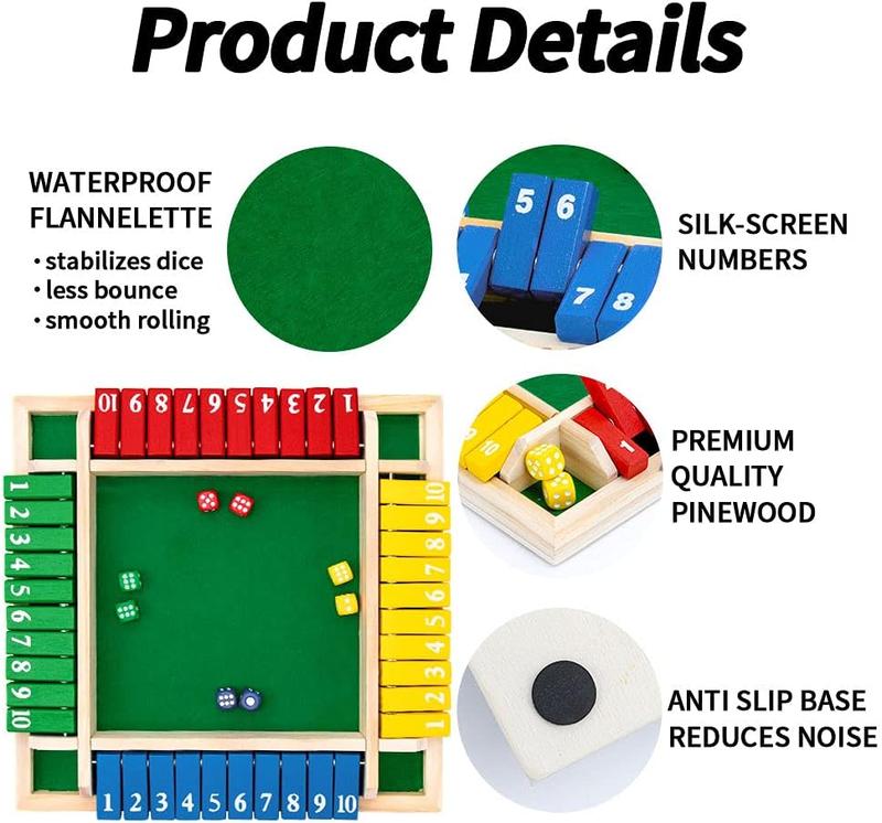 Shut The Box Dice Game,2-4 Player Family Wooden Board Table Math Games for Adults and Kids, 8 Dices Classics Tabletop Version Games for Classroom,Home,Party or Pub