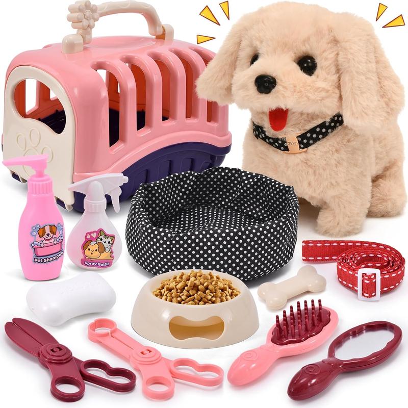 13Pcs Dog Toys for Kids Girls, Walking Barking Electronic Interactive Stuffed Dog Plush with Carrier & Accessories Toys Pretend Play Puppy Pet Care Playset, Gifts for Little Girls 3 4 5 6 Year Old