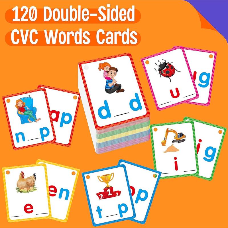 Vocabulary Writing Cards, 120 Double-Sided Handwriting Cards Short Vowel Spelling Flashcards, Learning Toys for Kids Boys Girls