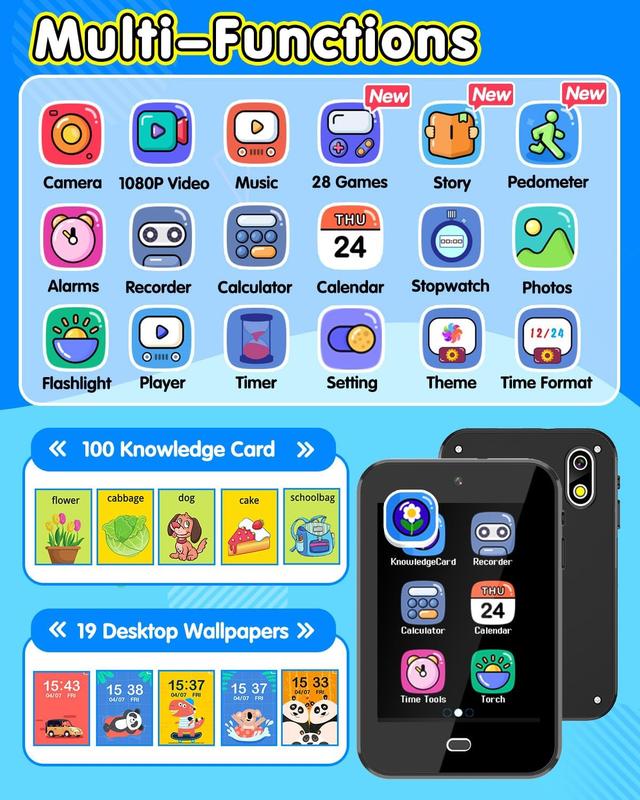 Kids Smart Phone Christmas Birthday Gifts for Boys Age 3-7 Kids Phone with Dual Camera Music Flashlight Alarm Pedometer Stories Sight Words Learning Toy for 3 4 5 6 Year Old Girl with 8G SD Card Black