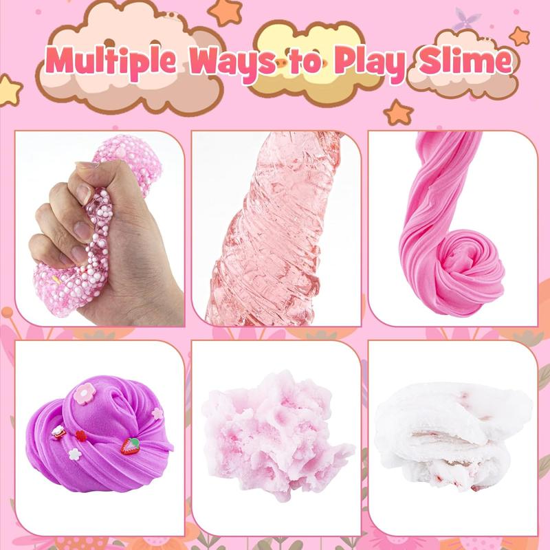 6 Packs Gradient Pink Slime Kit - Cloud Slime, Butter Slime & Clear Slime, Crunchy Slime for Kids with Various Slime Add-ins, Non Sticky Slime Party Favors for Girls and Boys, 360ml Kids Slime(Picnic)