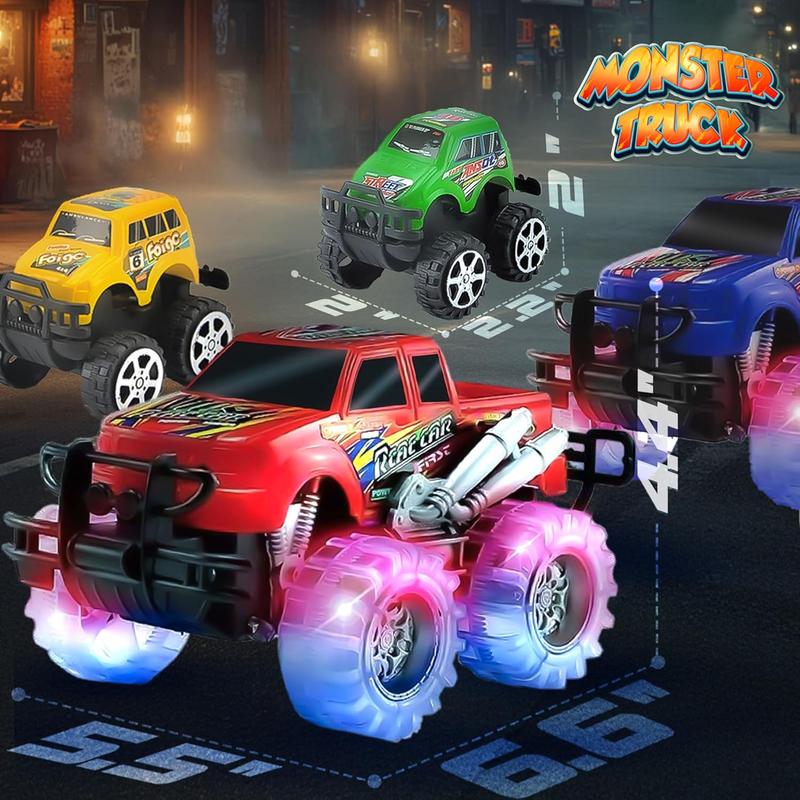 Christmas gift   4 Pack Light Up Monster Truck Car Toy with LED Tires, Best Birthday, for Boys and Girls Ages 3+, Push n Go & Pull n Go Cars, Race Truck Toy