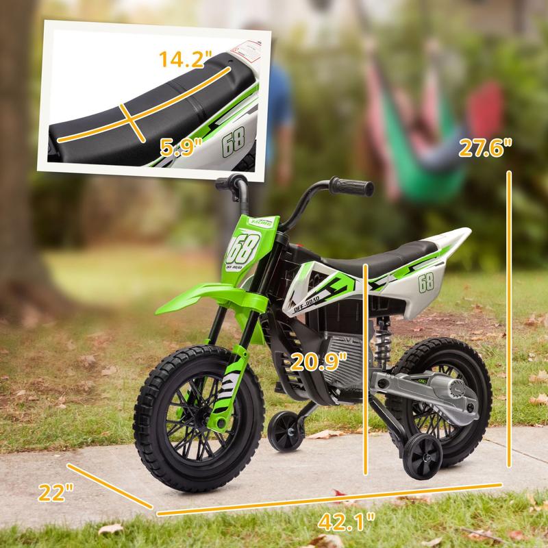 Kids Dirt Bike with Twist Grip Throttle, 12V Electric Motorcycle, Electric Bike for Toddler with Training Wheels, Rear Suspension & Music for Ages 3-6 Years, Green