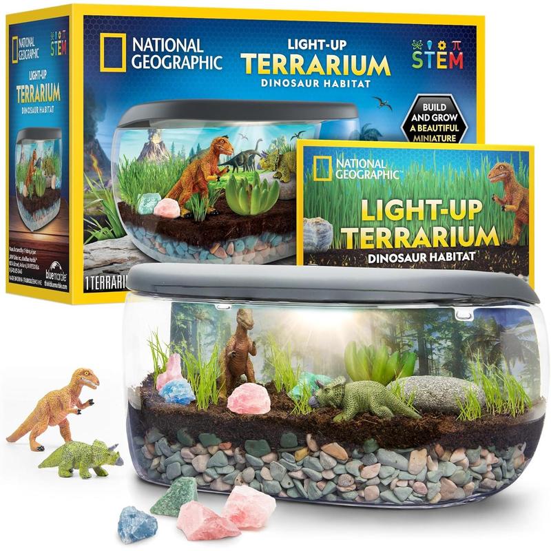 NATIONAL GEOGRAPHIC Light Up Terrarium Kit for Kids - Build a Dinosaur Habitat with Real Plants & Gemstones, Science Kit, Dinosaur Toys for Kids ( Exclusive)