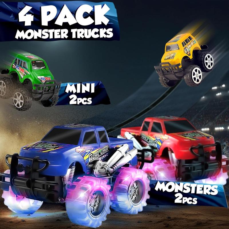 Christmas gift   4 Pack Light Up Monster Truck Car Toy with LED Tires, Best Birthday, for Boys and Girls Ages 3+, Push n Go & Pull n Go Cars, Race Truck Toy