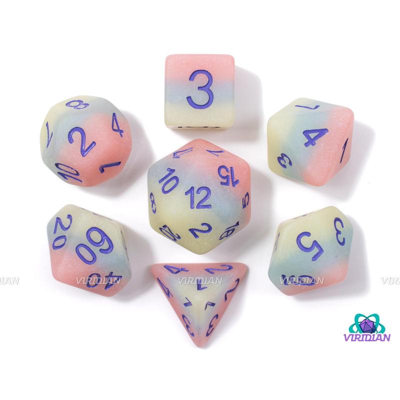 Iced Primaries (Matte) | Pastel Blue, Pink and Yellow-Green Layers, Matte with Slight Glisten, Purple Ink | Resin Dice Set (7)