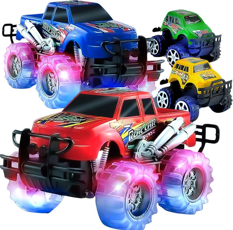 Christmas gift   4 Pack Light Up Monster Truck Car Toy with LED Tires, Best Birthday, for Boys and Girls Ages 3+, Push n Go & Pull n Go Cars, Race Truck Toy